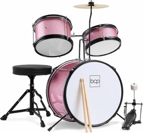 Best Choice Products Kids Drum Set 3-Piece Beginner Drum Set Junior Drum Set, w/Throne Stool, Cymbal, Drum Sticks, Bass Drum Pedal, 2 Toms - Pink Sparkle
