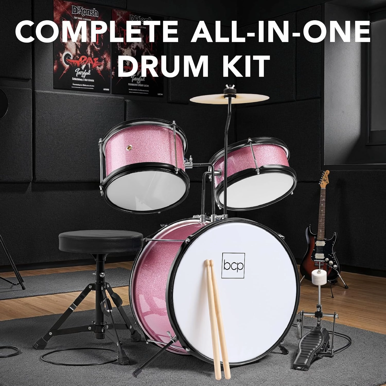 Best Choice Products Kids Drum Set 3-Piece Beginner Drum Set Junior Drum Set, w/Throne Stool, Cymbal, Drum Sticks, Bass Drum Pedal, 2 Toms - Pink Sparkle