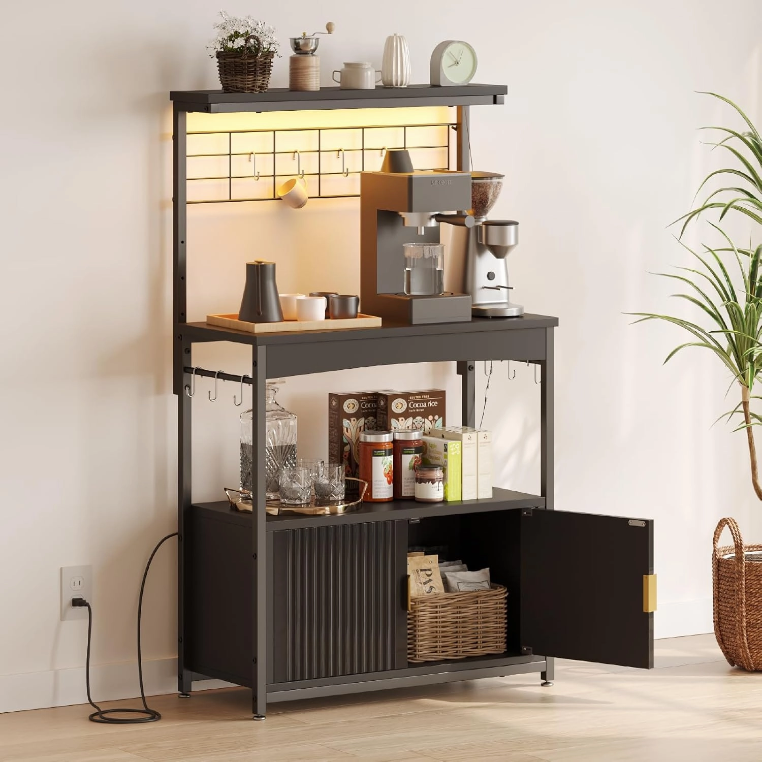 Bestier Bakers Rack with Power Outlet, Height-Adjustable 45" to 55" Kitchen Microwave Stand with Storage Cabinet, Coffee Bar Cabinet with LED Light, Kitchen Stand with 10 S-Hooks (Black)