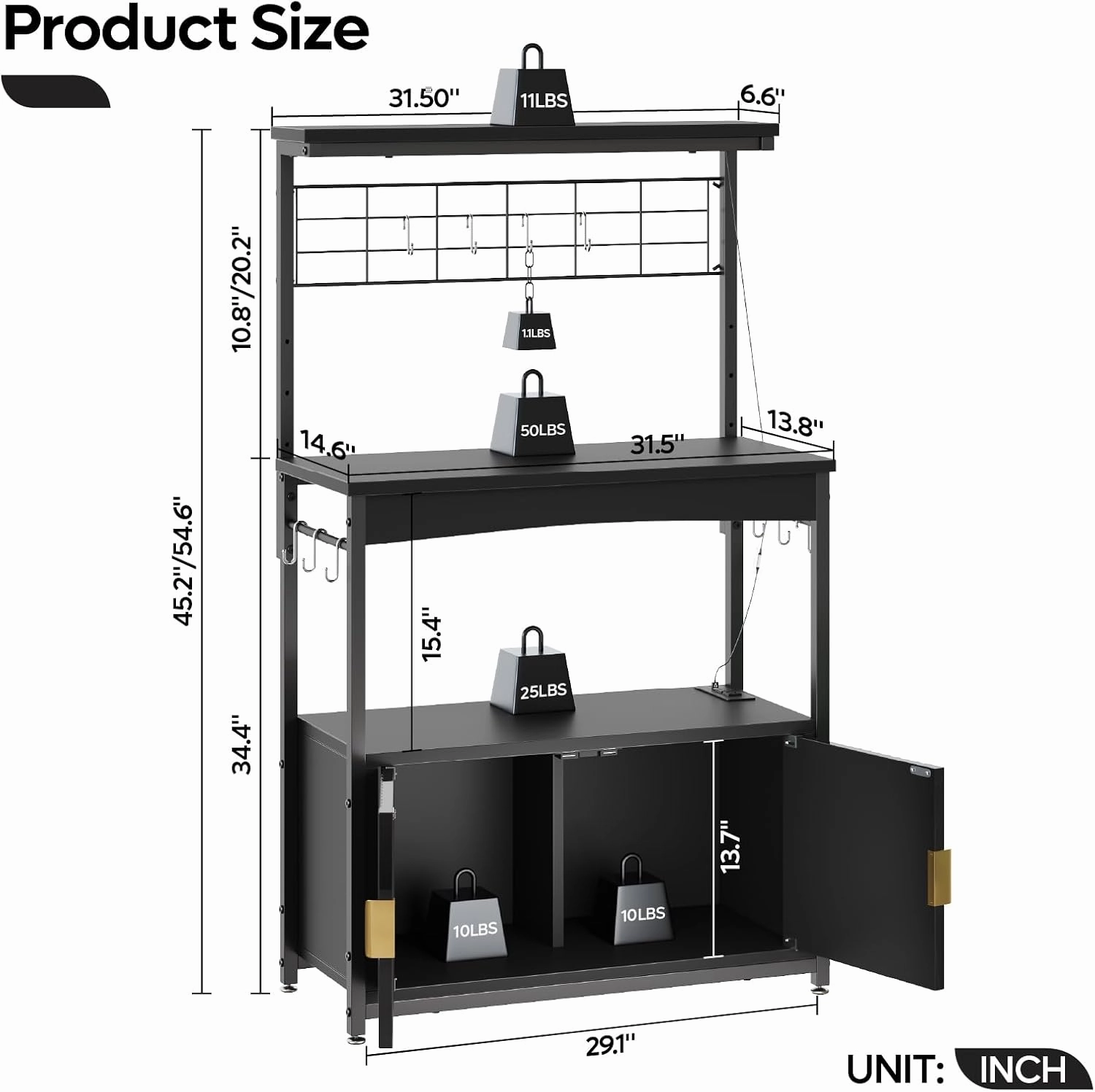 Bestier Bakers Rack with Power Outlet, Height-Adjustable 45" to 55" Kitchen Microwave Stand with Storage Cabinet, Coffee Bar Cabinet with LED Light, Kitchen Stand with 10 S-Hooks (Black)