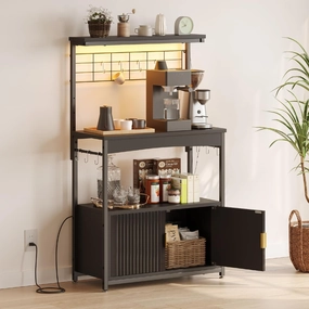 Bestier Bakers Rack with Power Outlet, Height-Adjustable 45" to 55" Kitchen Microwave Stand with Storage Cabinet, Coffee Bar Cabinet with LED Light, Kitchen Stand with 10 S-Hooks (Black)