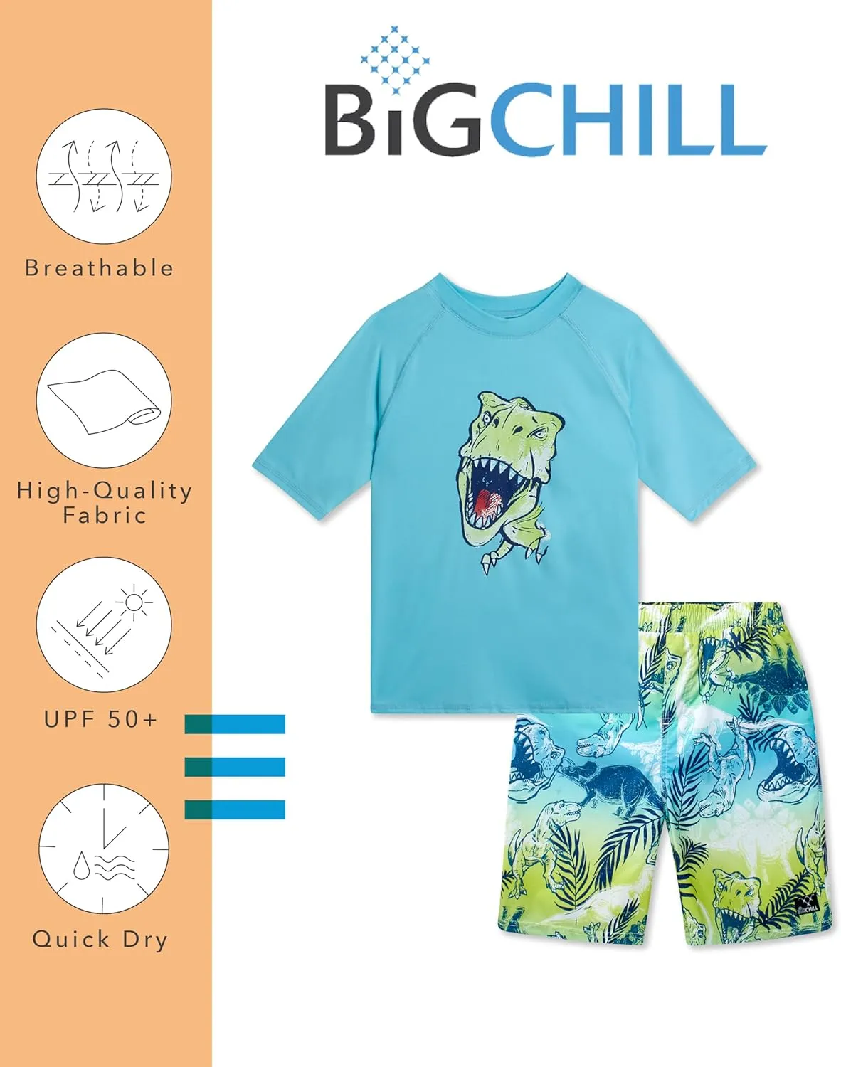 Big Chill Boys Rash Guard Set - 2 Piece UPF 50  Quick Dry Short Sleeve Swim Shirt and Swim Trunks for Boys (Sizes: 4-14)