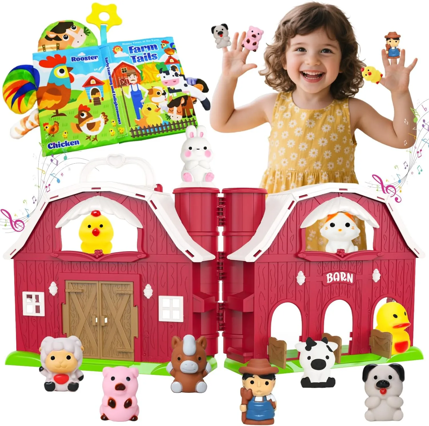 Big Musical Red Barn Toy Farm Animal Finger Puppets for 1 2 3 4 5 Years Old, Animal Figures Playset with Farm Tails Baby Book, Sensory Learning Toys Gift for Toddlers Boys Girls