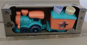 Bioplastic Train Set with Wagon, 12 inches Height, Made from Wheat Straw, Orange and Teal, 18M  (Large)