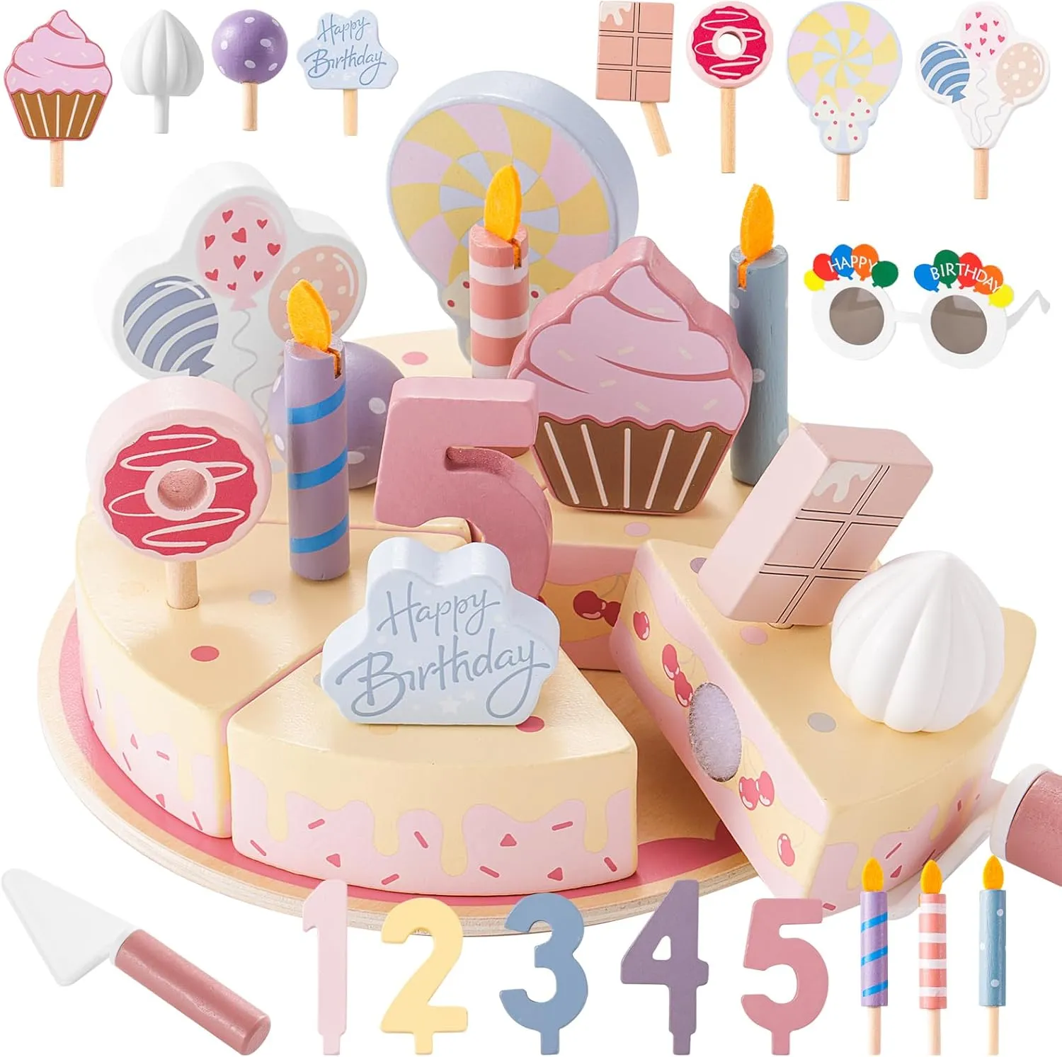 Birthday Party Cake Toys, Wooden Play Food Set for Kids Toddlers, Play Kitchen Toys for Boys Girls, Educational Toys