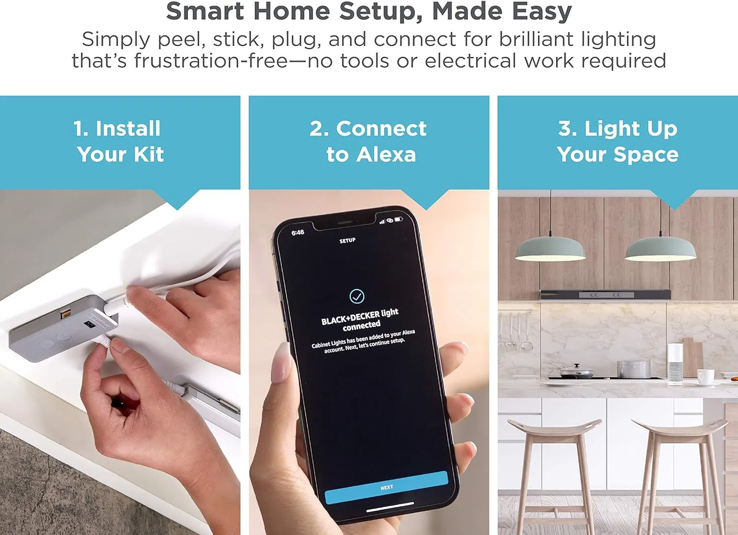 BLACK DECKER Works with Alexa Smart Under Cabinet Lighting Kit, Adjustable LEDs, (6) 9" Bars, White