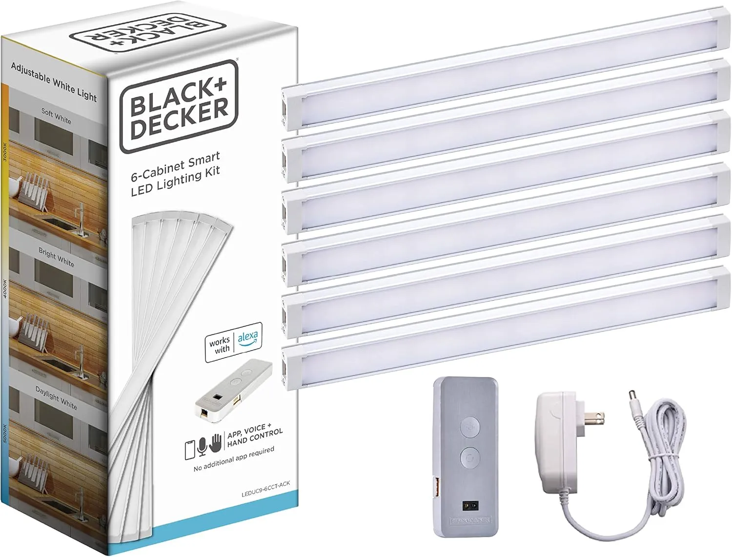 BLACK DECKER Works with Alexa Smart Under Cabinet Lighting Kit, Adjustable LEDs, (6) 9" Bars, White