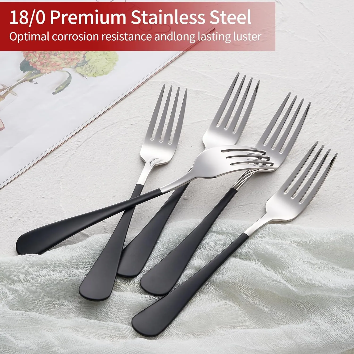 Black Dinner Fork, 18/0 Black handle Stainless Steel Satin Finish 8.1-inch Silverware Flatware Fork Set, Set of 24, Dishwasher Safe