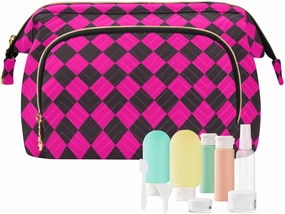 Black and Bright Pink Rhombus Plaid Travel Makeup Bag Wide Open Cosmetic Bag for Women Make Up Organizer Pouch
