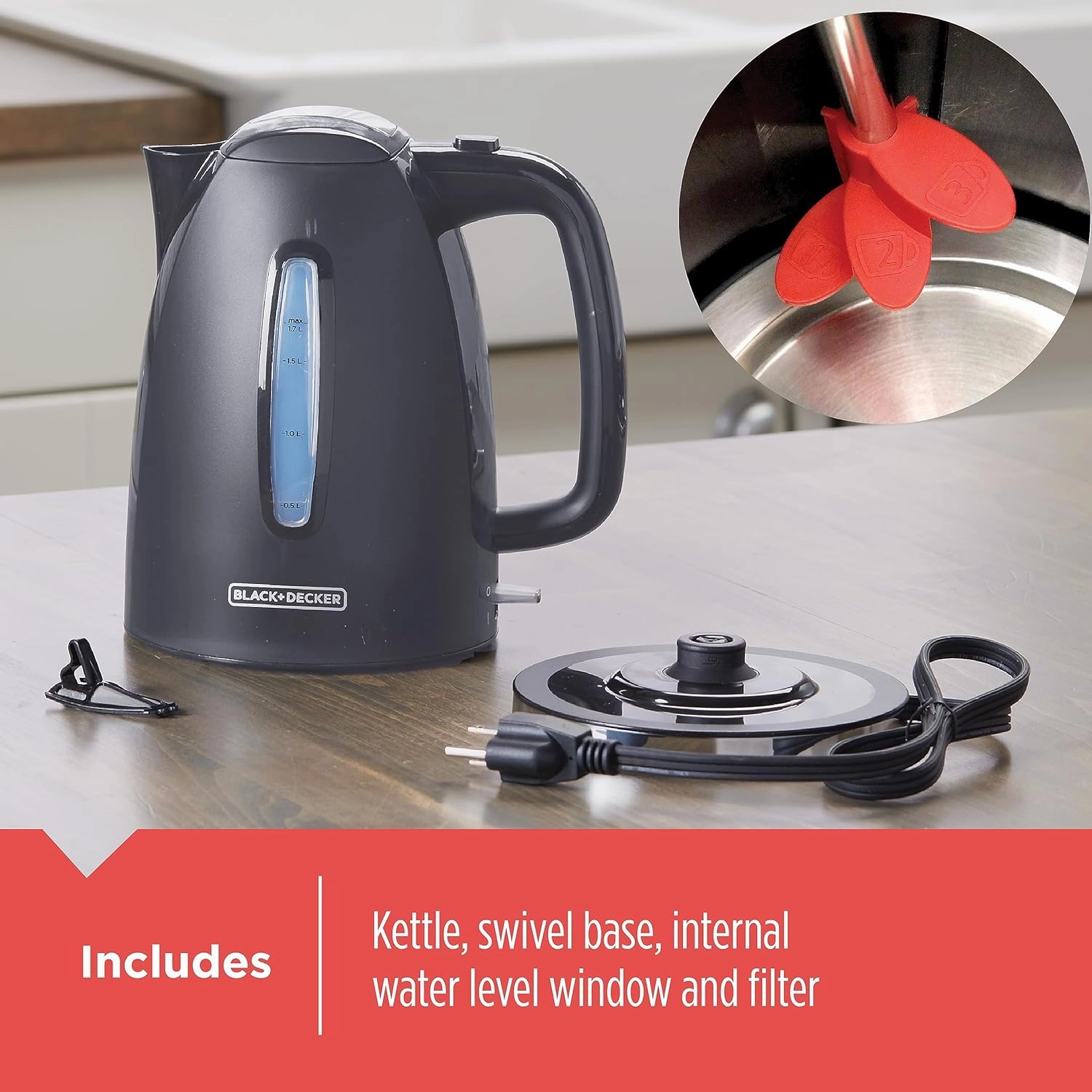 BLACK DECKER 1.7L Cordless Electric Kettle, KE1555GY, Water Window, Rapid Boil, Auto Shutoff, Grey