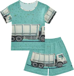 Blue Green Garbage Truck Summer Pajamas Short Set 2 Piece Sleepwear