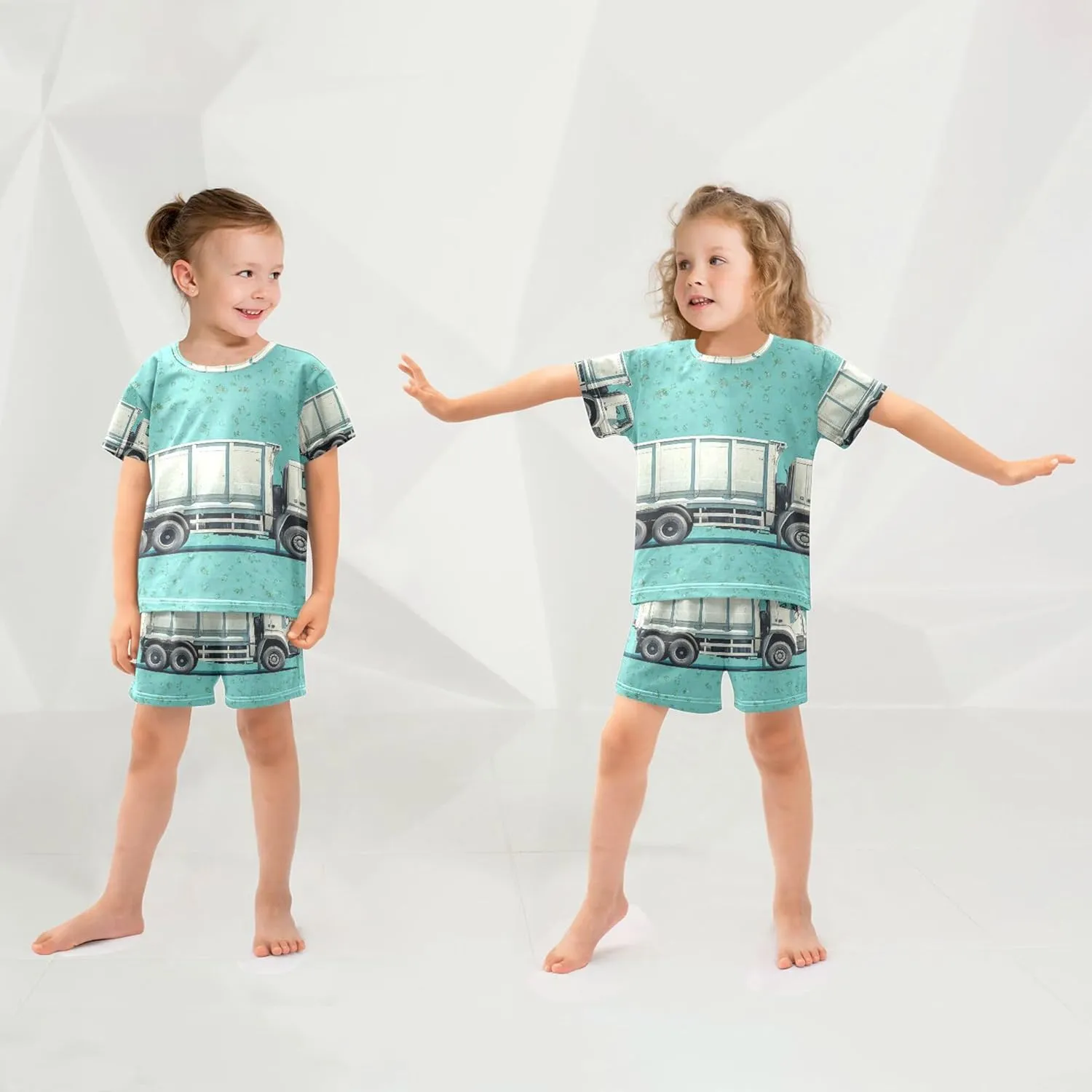 Blue Green Garbage Truck Summer Pajamas Short Set 2 Piece Sleepwear