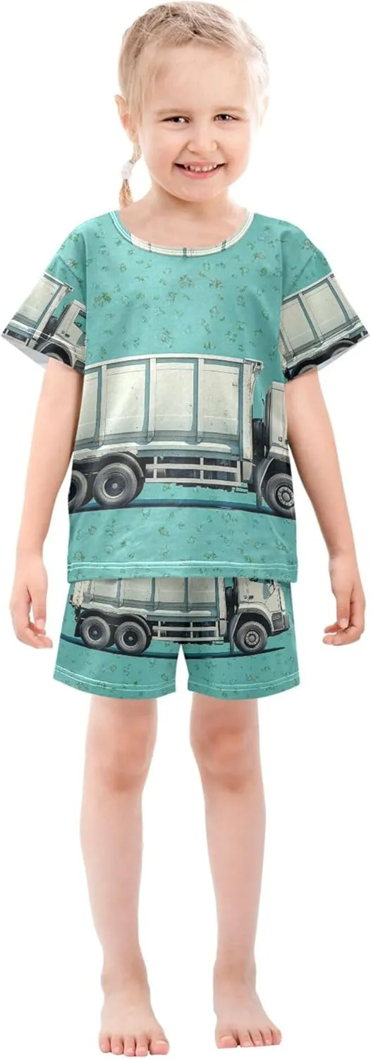 Blue Green Garbage Truck Summer Pajamas Short Set 2 Piece Sleepwear