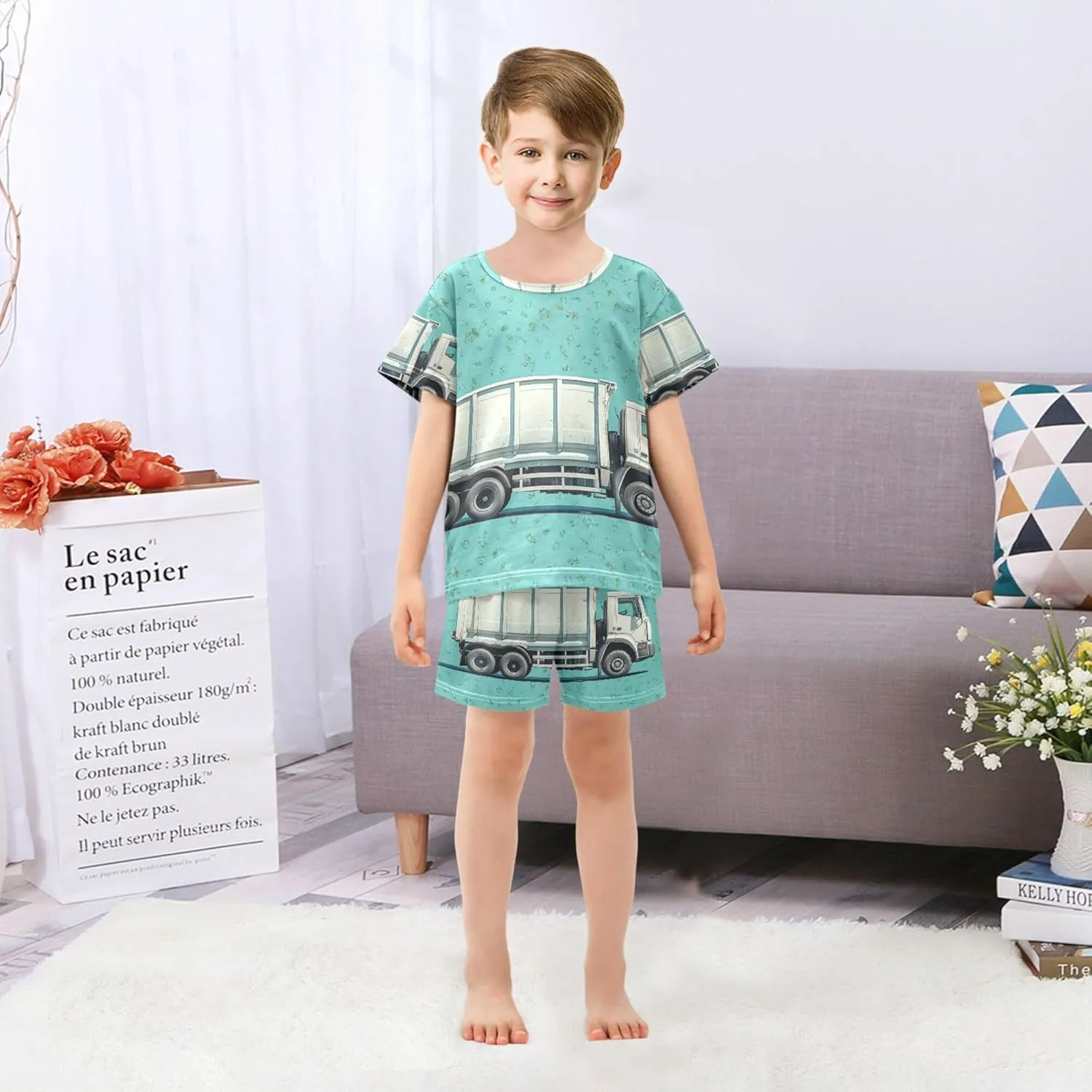 Blue Green Garbage Truck Summer Pajamas Short Set 2 Piece Sleepwear