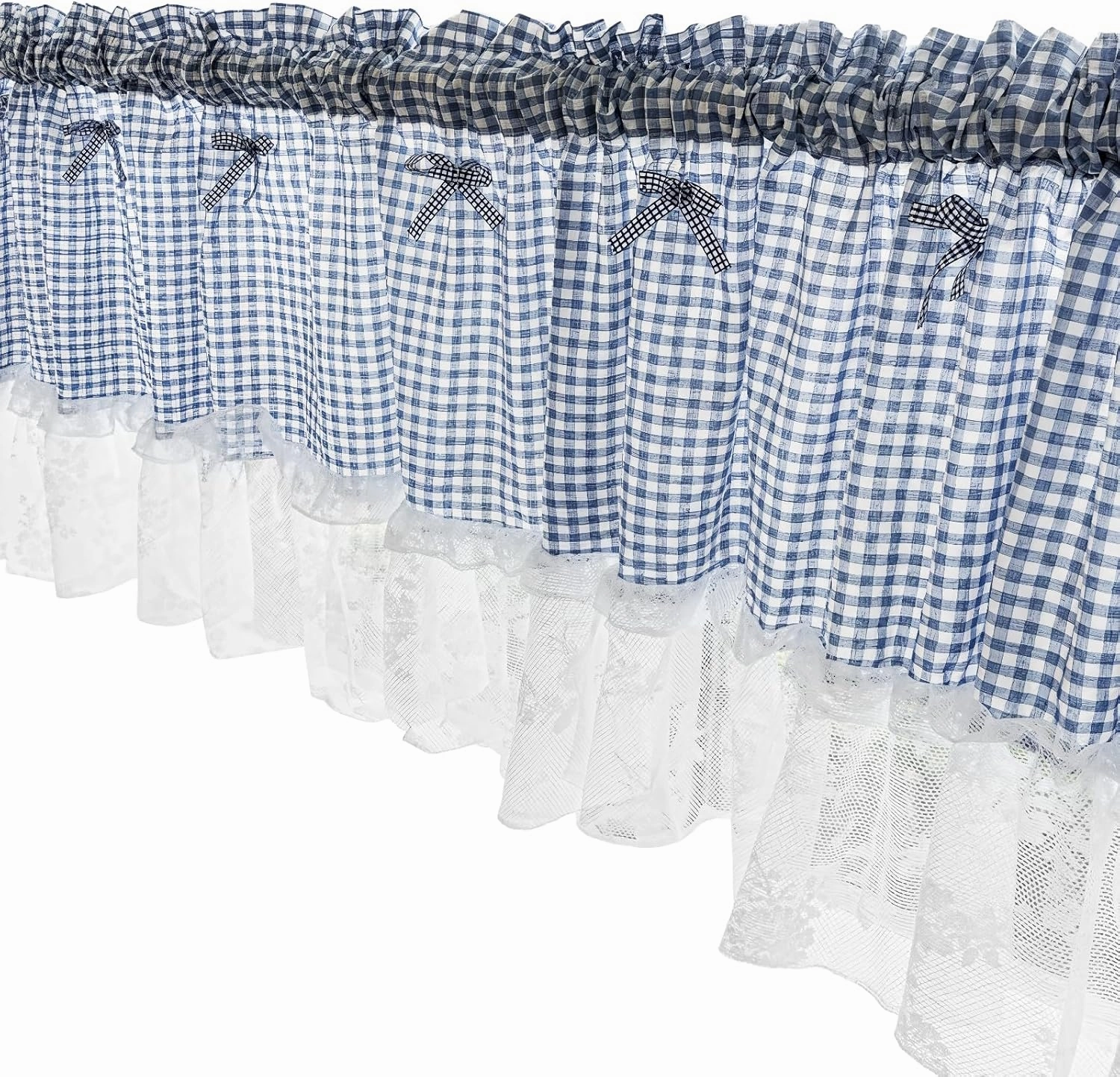 Blue Gingham Valance with Ruffle & Bow, Curtain with Lace Trim, Short Window Treatment for Kitchen, Bathroom, Café, and Patio, 59 X 18 Inches
