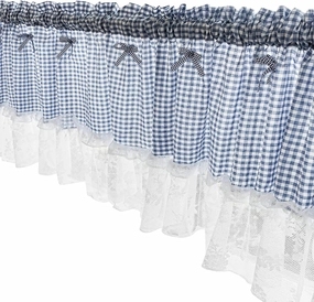 Blue Gingham Valance with Ruffle & Bow, Curtain with Lace Trim, Short Window Treatment for Kitchen, Bathroom, Café, and Patio, 59 X 18 Inches