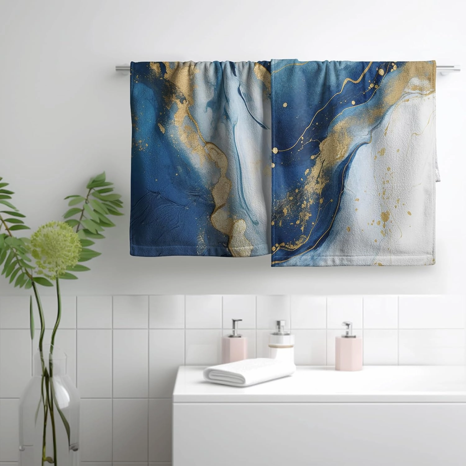 Blue Marble Hand Towels for Bathroom Abstract Modern Kitchen Towel Luxury Painting Fingertip Towels Gold Foil Face Towels Soft Absorbent Cotton Bath Towel for Guest Home Decor 2Pcs