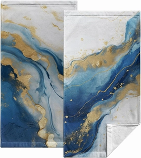 Blue Marble Hand Towels for Bathroom Abstract Modern Kitchen Towel Luxury Painting Fingertip Towels Gold Foil Face Towels Soft Absorbent Cotton Bath Towel for Guest Home Decor 2Pcs