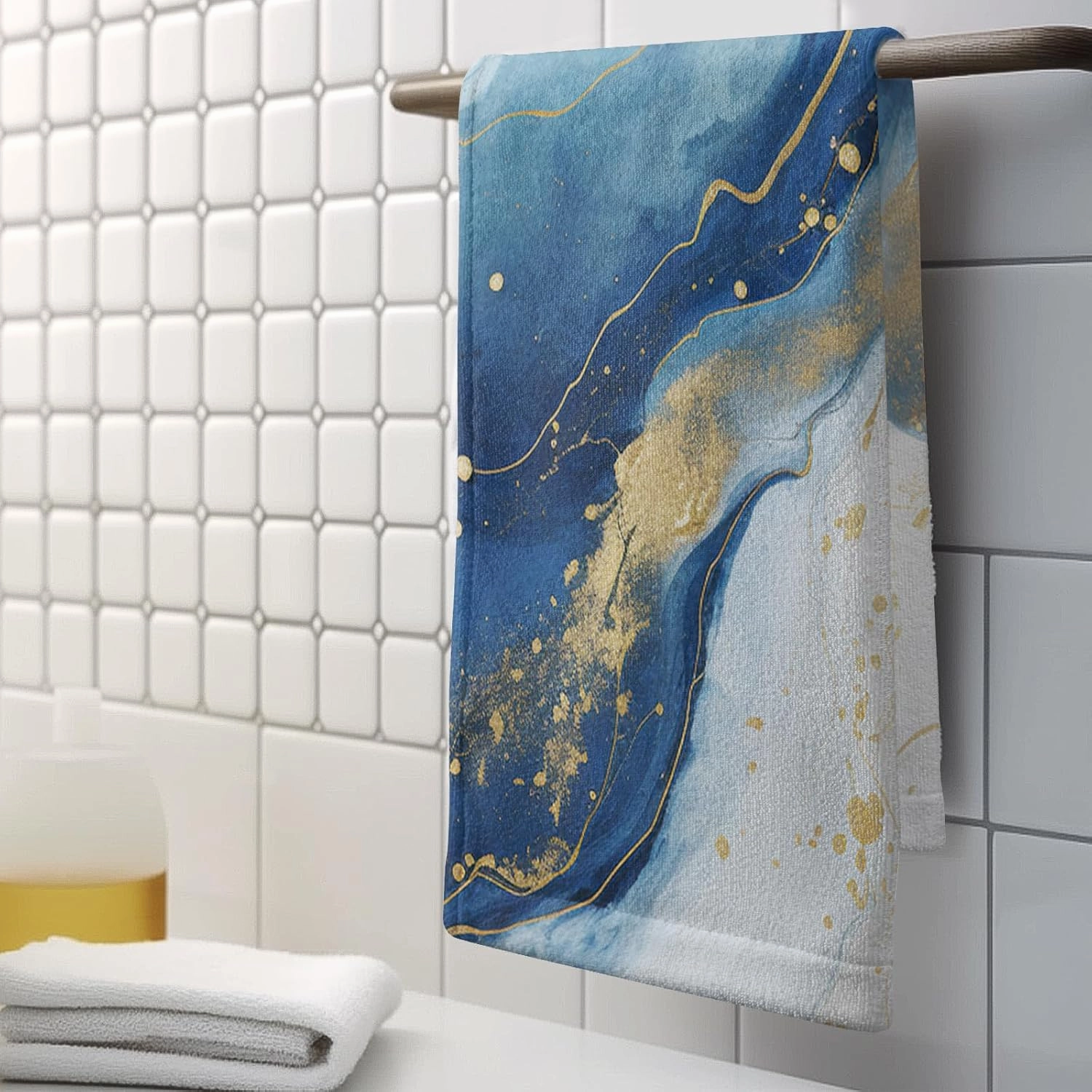 Blue Marble Hand Towels for Bathroom Abstract Modern Kitchen Towel Luxury Painting Fingertip Towels Gold Foil Face Towels Soft Absorbent Cotton Bath Towel for Guest Home Decor 2Pcs
