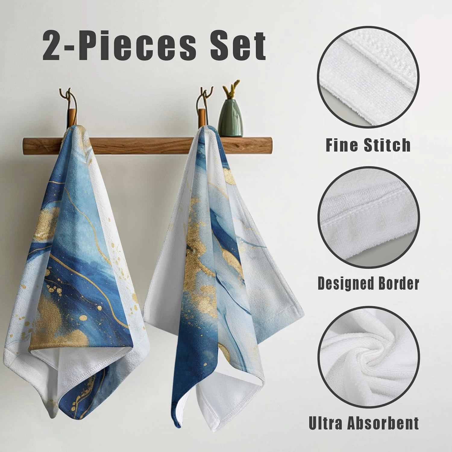 Blue Marble Hand Towels for Bathroom Abstract Modern Kitchen Towel Luxury Painting Fingertip Towels Gold Foil Face Towels Soft Absorbent Cotton Bath Towel for Guest Home Decor 2Pcs
