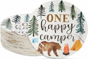 BLUE PANDA 80 Pack Camping Party Plates for One Happy Camper Birthday Decorations, 1st Birthday Party Supplies, Disposable Dinnerware Plates for Forest Themed Baby Shower 9 in - Camping Themed Plates