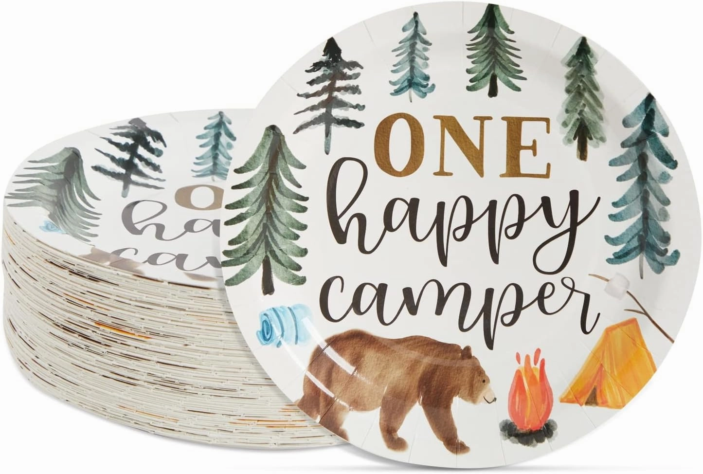 BLUE PANDA 80 Pack Camping Party Plates for One Happy Camper Birthday Decorations, 1st Birthday Party Supplies, Disposable Dinnerware Plates for Forest Themed Baby Shower 9 in - Camping Themed Plates