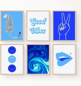 Blue Preppy Room Wall Art Prints,Light Blue Preppy Inspirational Words Lips Cheetah Smiley Face Canvas Painting,Preppy Room Decor Teen Girls Room Decor,Set of 6 (8''x10''inches,Unframed).