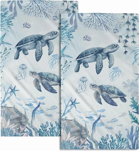 Blue Sea Turtle Hand Towels Set of 2 Marine Coral Small Bath Towels Soft Guest Face Towel Absorbent Washcloths for Kitchen Bathroom Yoga Gym