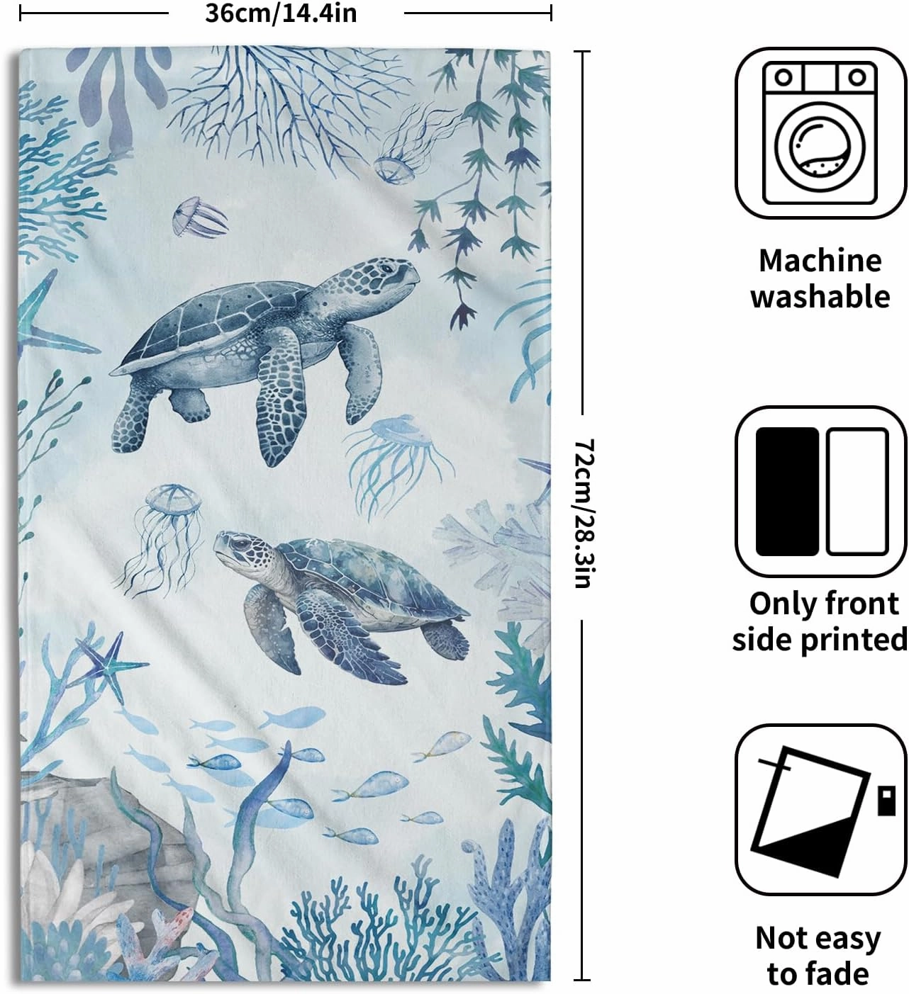 Blue Sea Turtle Hand Towels Set of 2 Marine Coral Small Bath Towels Soft Guest Face Towel Absorbent Washcloths for Kitchen Bathroom Yoga Gym