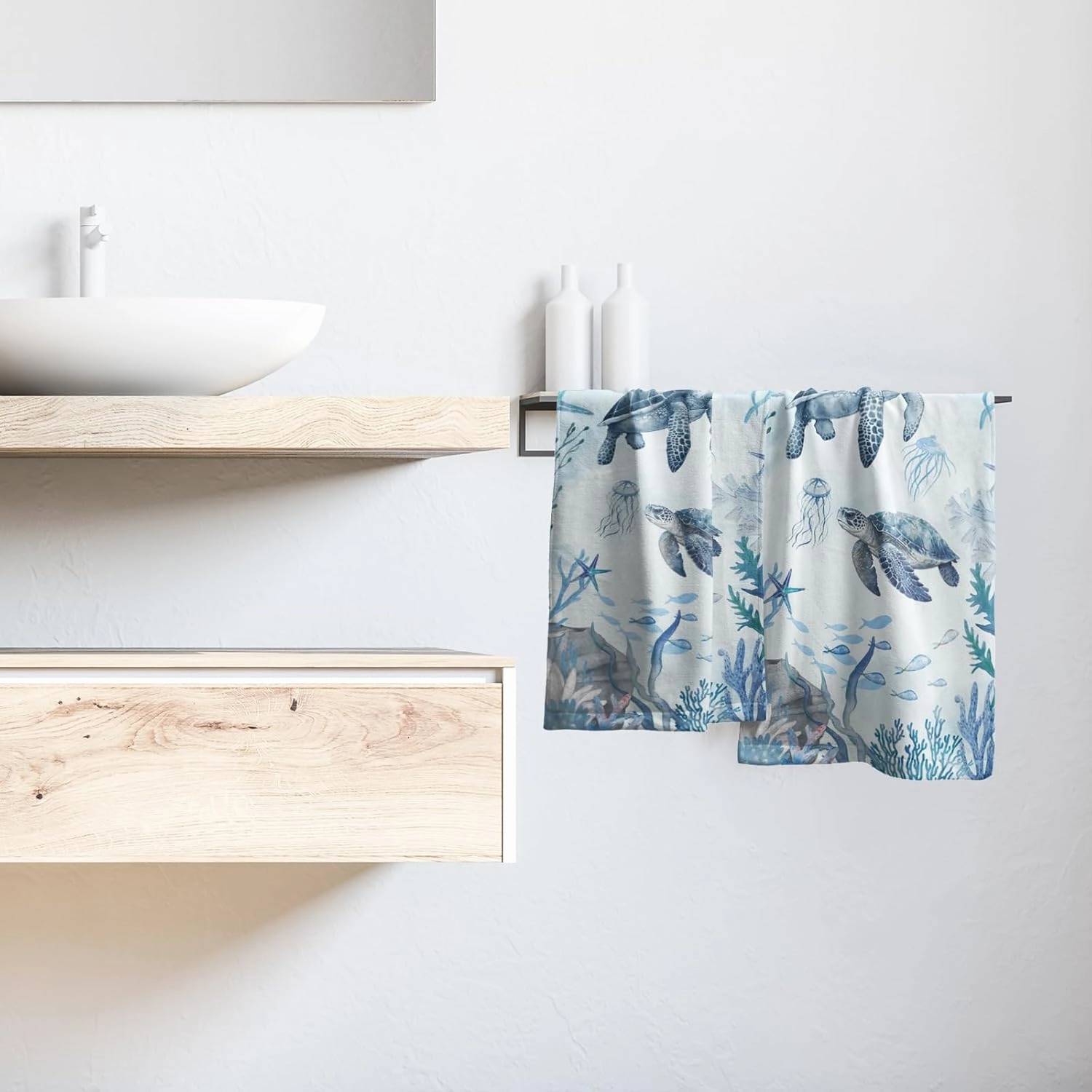 Blue Sea Turtle Hand Towels Set of 2 Marine Coral Small Bath Towels Soft Guest Face Towel Absorbent Washcloths for Kitchen Bathroom Yoga Gym