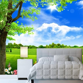 Blue Sky White Cloud Tree Scenery Wall Mural, Green Prairie Lawn Artwork Wallpaper, Wall Decal Good Adhesion Clear Picture Apply to Tv Background Wall（118"W x 82.7"H）