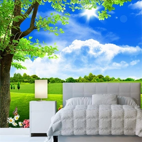 Blue Sky White Cloud Tree Scenery Wall Mural, Green Prairie Lawn Artwork Wallpaper, Wall Decal Good Adhesion Clear Picture Apply to Tv Background Wall（157.5"W x 110.3"H）