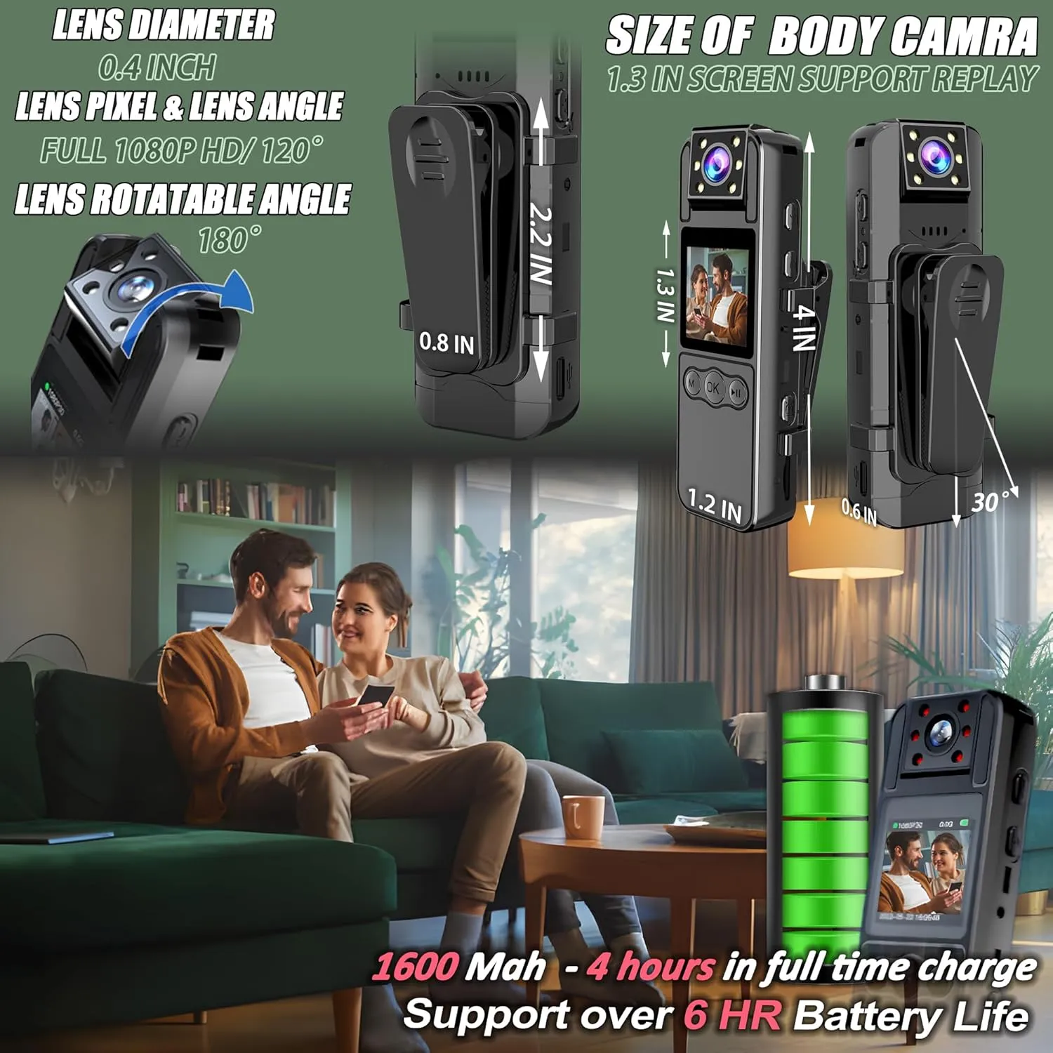 Body Camera with Audio and Video Recording, HD 1080P Body Cam with 180° Rotating Lens, 6HR Battery, IR Cut Auto Night Vision, 128GB Body Worn Camcorder, for Personal Civilians, Police Law Enforcement