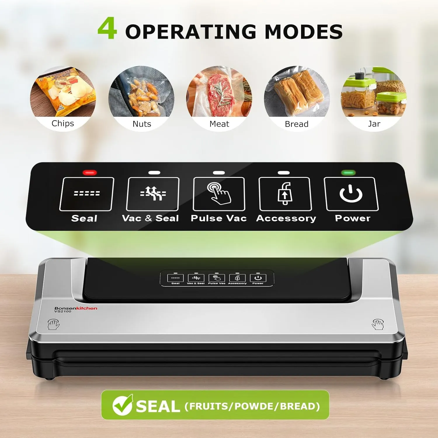 Bonsenkitchen Vacuum Sealer Machine, Precision-Compact 4-in-1 Food Sealer Machine, Multi-Functional Food Vacuum Sealer with & Accessory Hose, Bright Silver