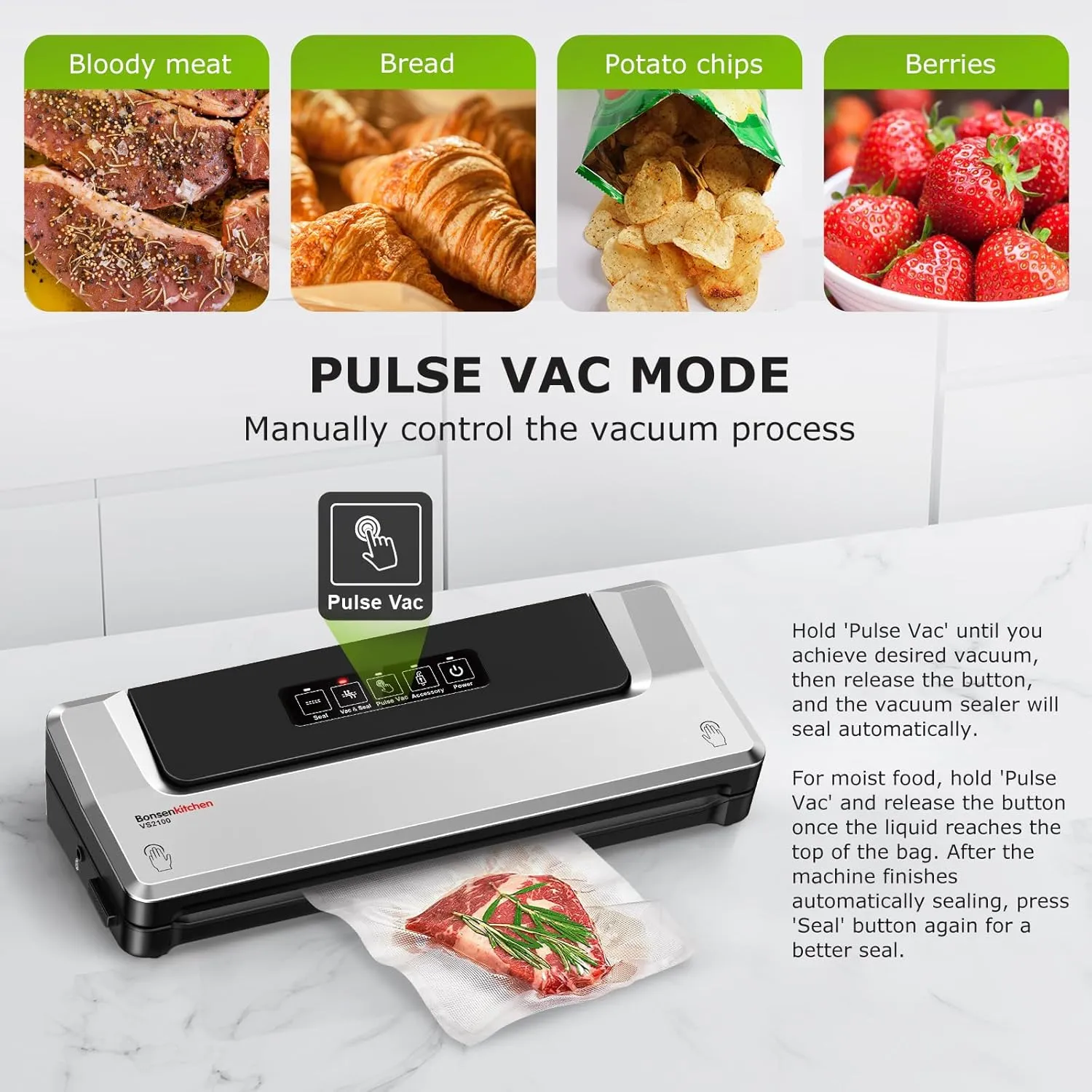 Bonsenkitchen Vacuum Sealer Machine, Precision-Compact 4-in-1 Food Sealer Machine, Multi-Functional Food Vacuum Sealer with & Accessory Hose, Bright Silver