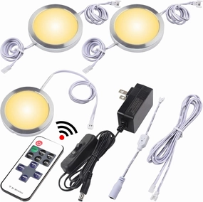 Book Case Lights, Mini Under Shelf Cabinet Puck Lihgting, 120V Wall Plugged in Adapter, Wireless Dimmable LED RF Remote Controller, Linkable White Cables, Warm White 2700K, 3 Lights
