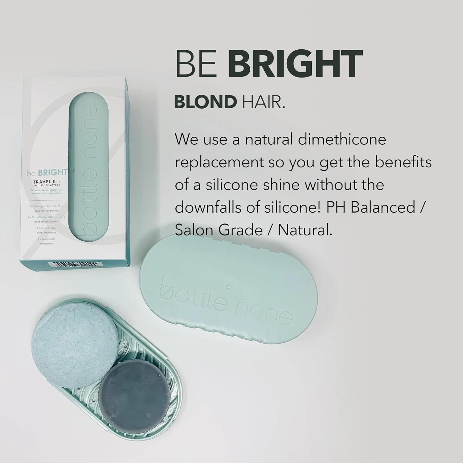 BOTTLE NONE | be BRIGHT Travel Set Includes be Bright Shampoo and Conditioner Bars for Blond, Natural Red & Grey Hair with Travel Soap Dish | PH Balanced/Salon Grade/Natural | 50  Washes