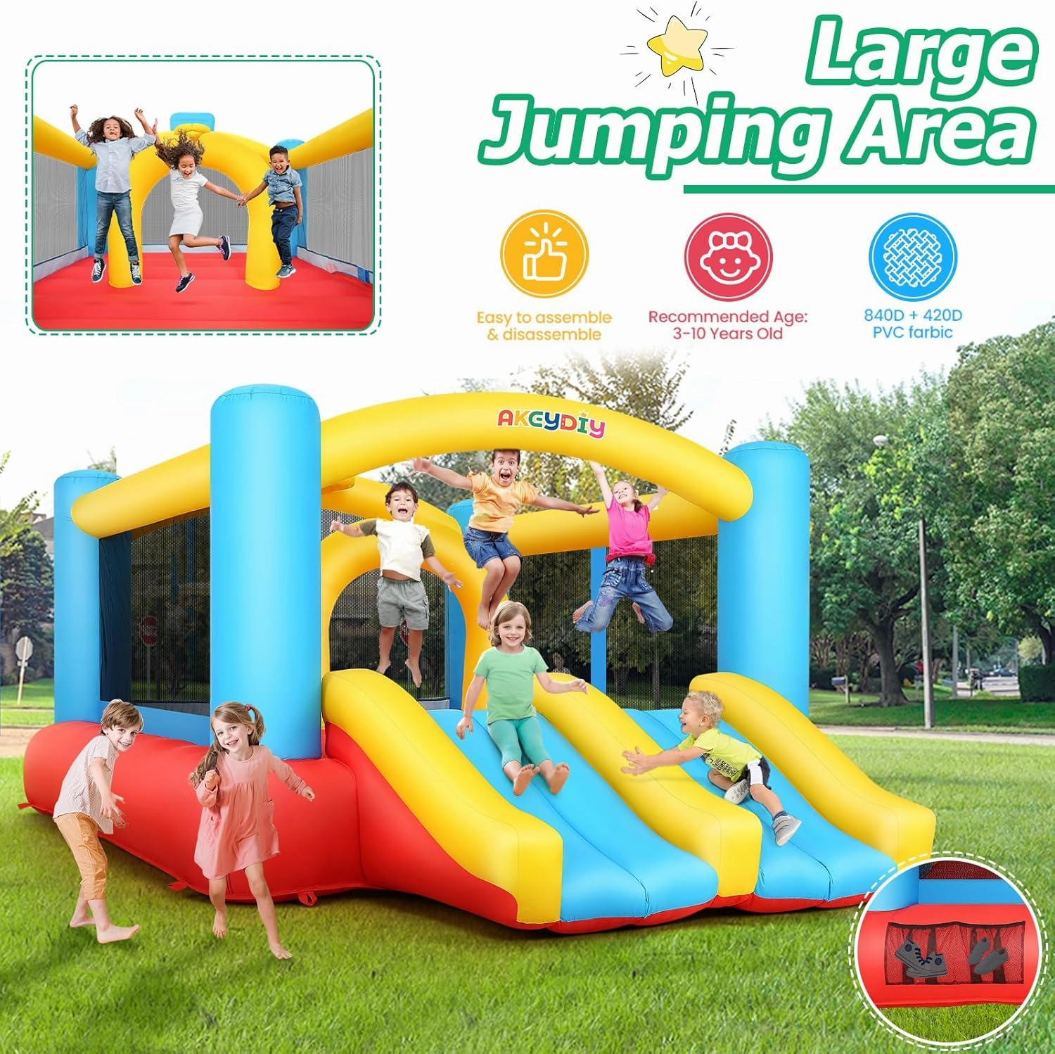 Bounce House, Inflatable Bounce House for Kids 3-12, Bouncy House with 2 Slides for Outdoor Backyard/Indoor, Bouncy Castle, Jump House for Toddlers Kids Party