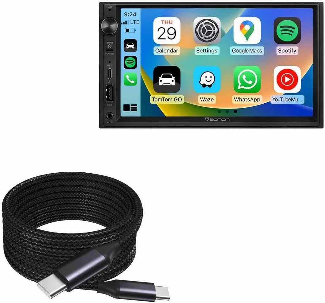 BoxWave Cable Compatible with Eonon X3 QLED Linux Double Din Car Stereo (7 in) - DirectSync PD Cable (10ft) - USB-C to USB-C (100W), Long Type C Braided Nylon Alloy Fast Charge - Jet Black