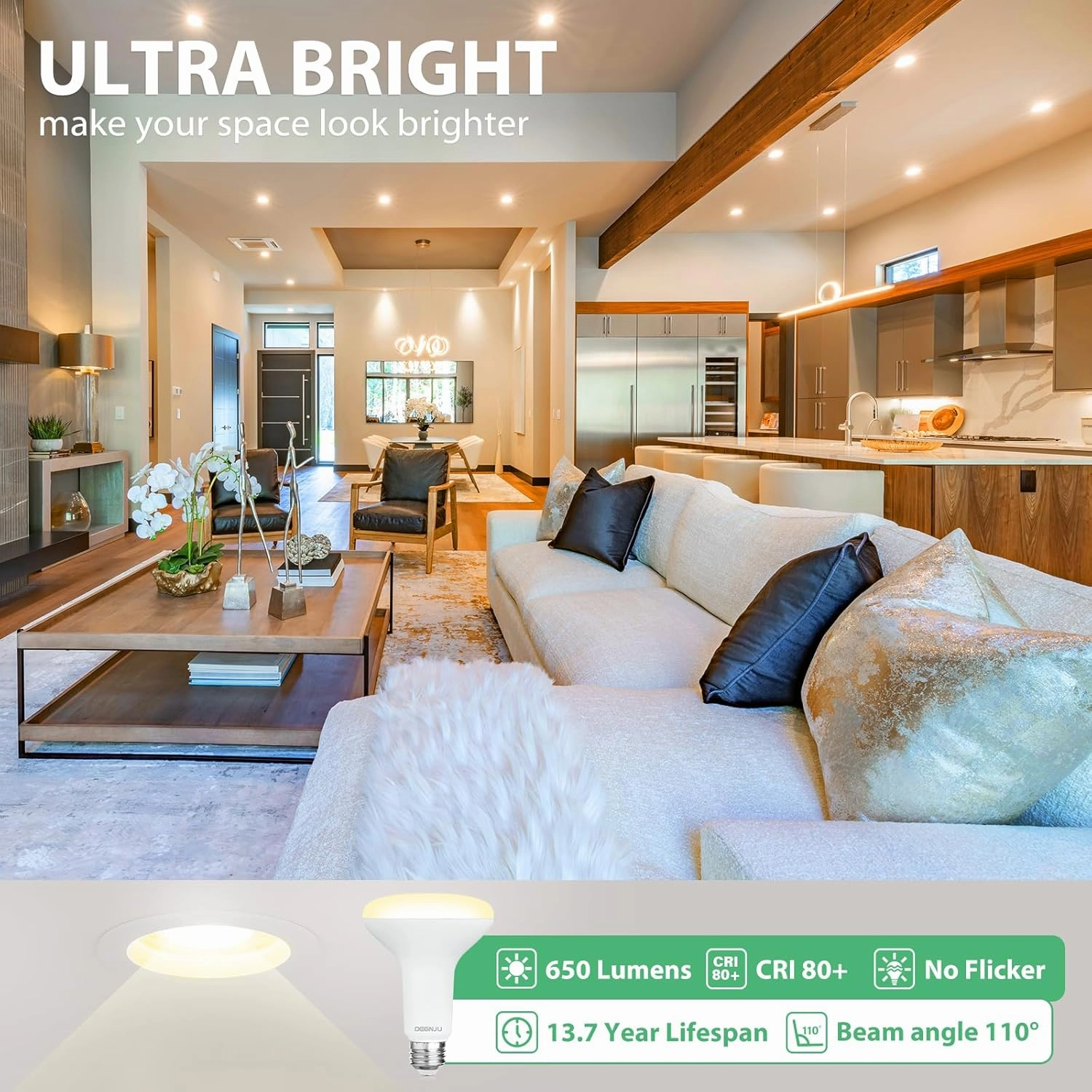 BR30 LED Bulb, Dimmable Flood Lights Indoor CRI80 7W Equivalent 65W 2700K Soft White 650 Lumens, 15000 Lifetime Hours Recessed Light Bulbs, Interior E26 Base LED Can Light Bulbs, 6 Pack
