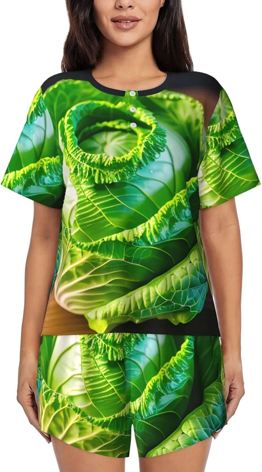 Bright Cabbage Pajamas Set Women'S Short Sleeve Loungewear 2 Piece For Relaxed Home Office