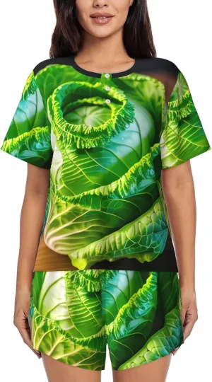 Bright Cabbage Pajamas Set Women'S Short Sleeve Loungewear 2 Piece For Relaxed Home Office