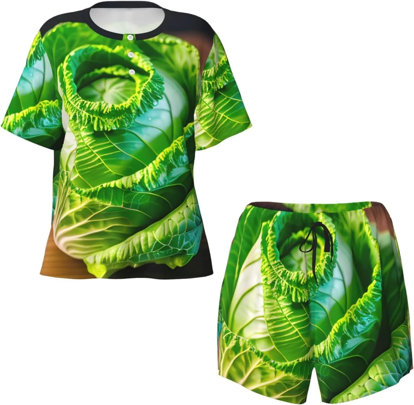 Bright Cabbage Print Cute Short Sleeve Pajama Set For Women Casual Loungewear With Pockets Four Seasons