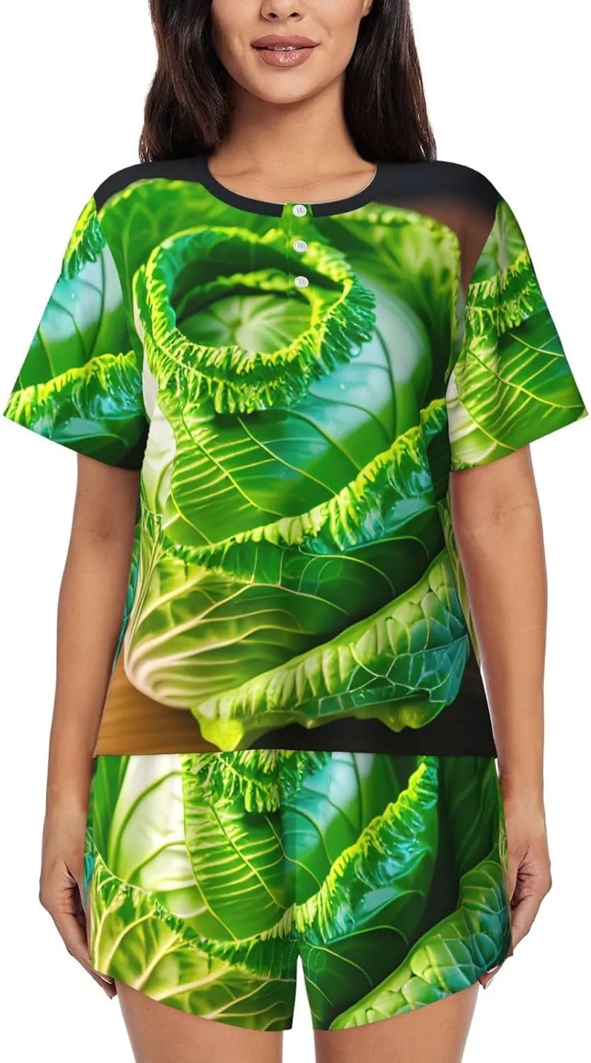 Bright Cabbage Print Cute Short Sleeve Pajama Set For Women Casual Loungewear With Pockets Four Seasons