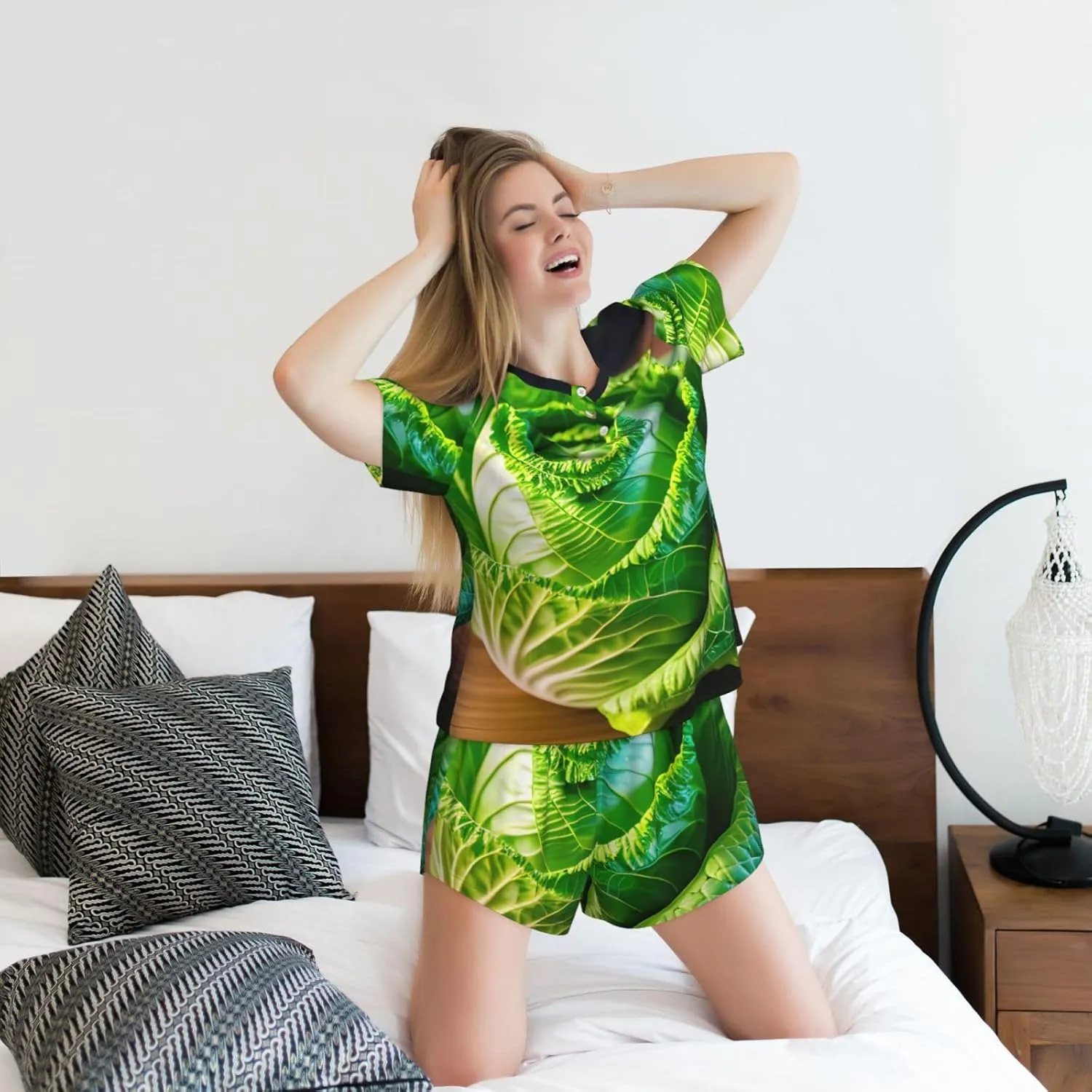 Bright Cabbage Print Cute Short Sleeve Pajama Set For Women Casual Loungewear With Pockets Four Seasons