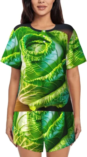 Bright Cabbage Print Cute Short Sleeve Pajama Set For Women Casual Loungewear With Pockets Four Seasons
