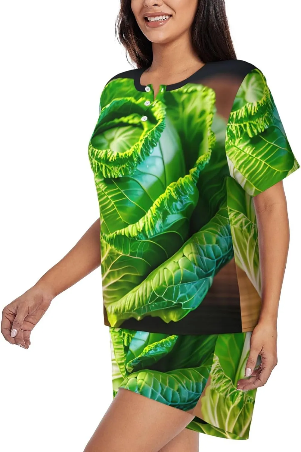 Bright Cabbage Print Cute Short Sleeve Pajama Set For Women Casual Loungewear With Pockets Four Seasons