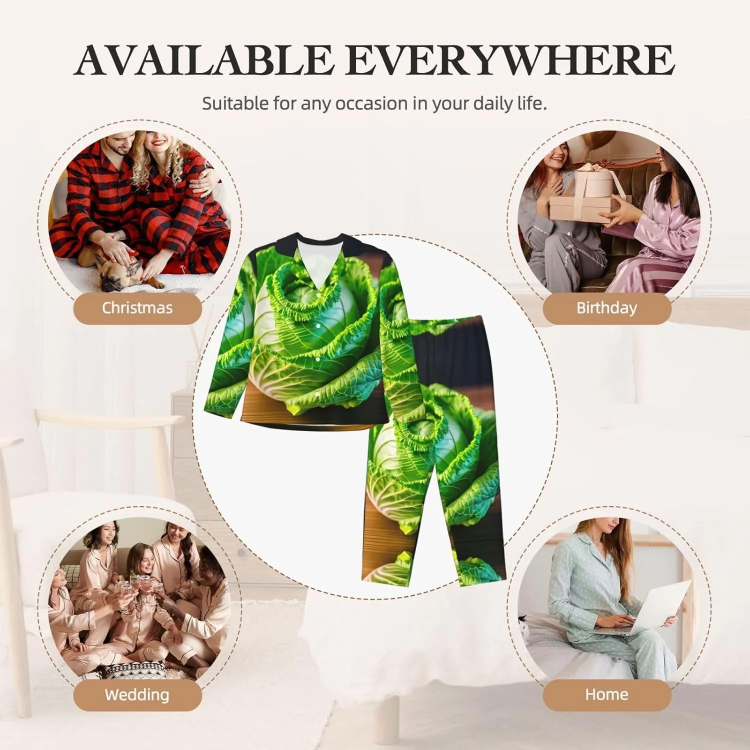 Bright Cabbage Print Winter Fall Bedtime Women Long Sleeve Pajama Set Soft Sleepwear Cozy Nightclothes