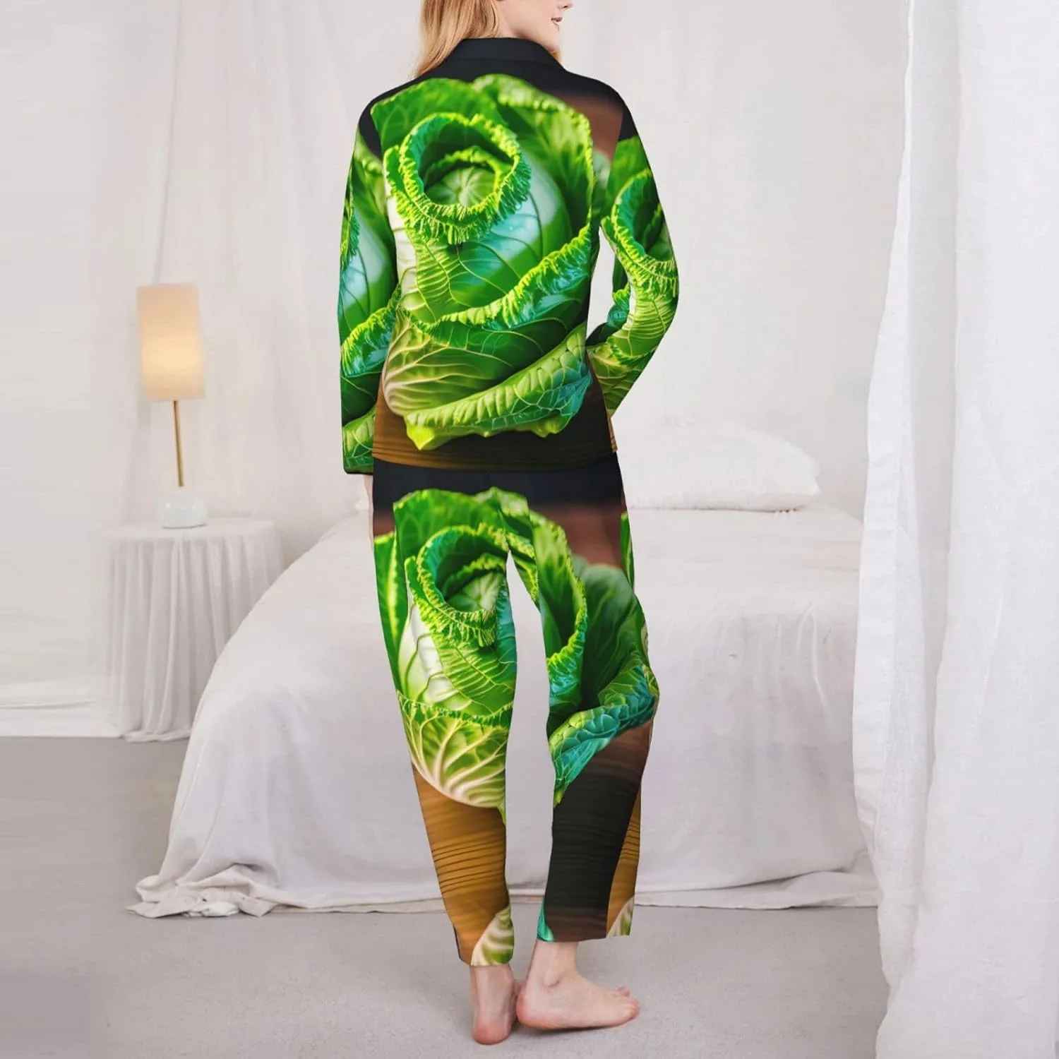 Bright Cabbage Print Winter Fall Bedtime Women Long Sleeve Pajama Set Soft Sleepwear Cozy Nightclothes