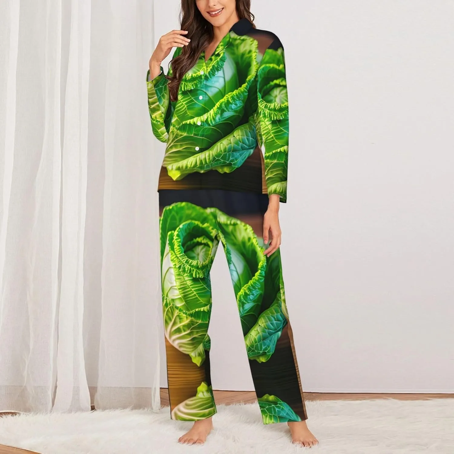 Bright Cabbage Print Winter Fall Bedtime Women Long Sleeve Pajama Set Soft Sleepwear Cozy Nightclothes